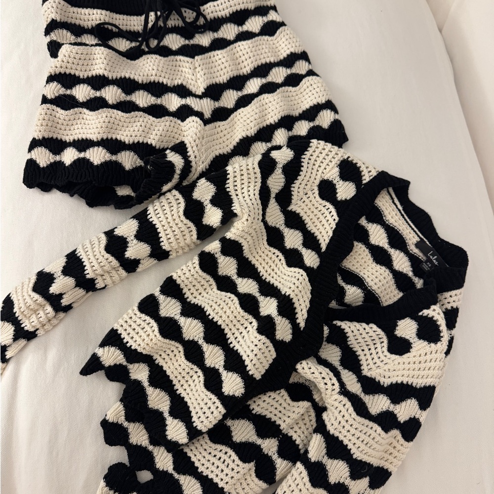 ivory cream & black striped crochet knit set - Picture 5 of 13